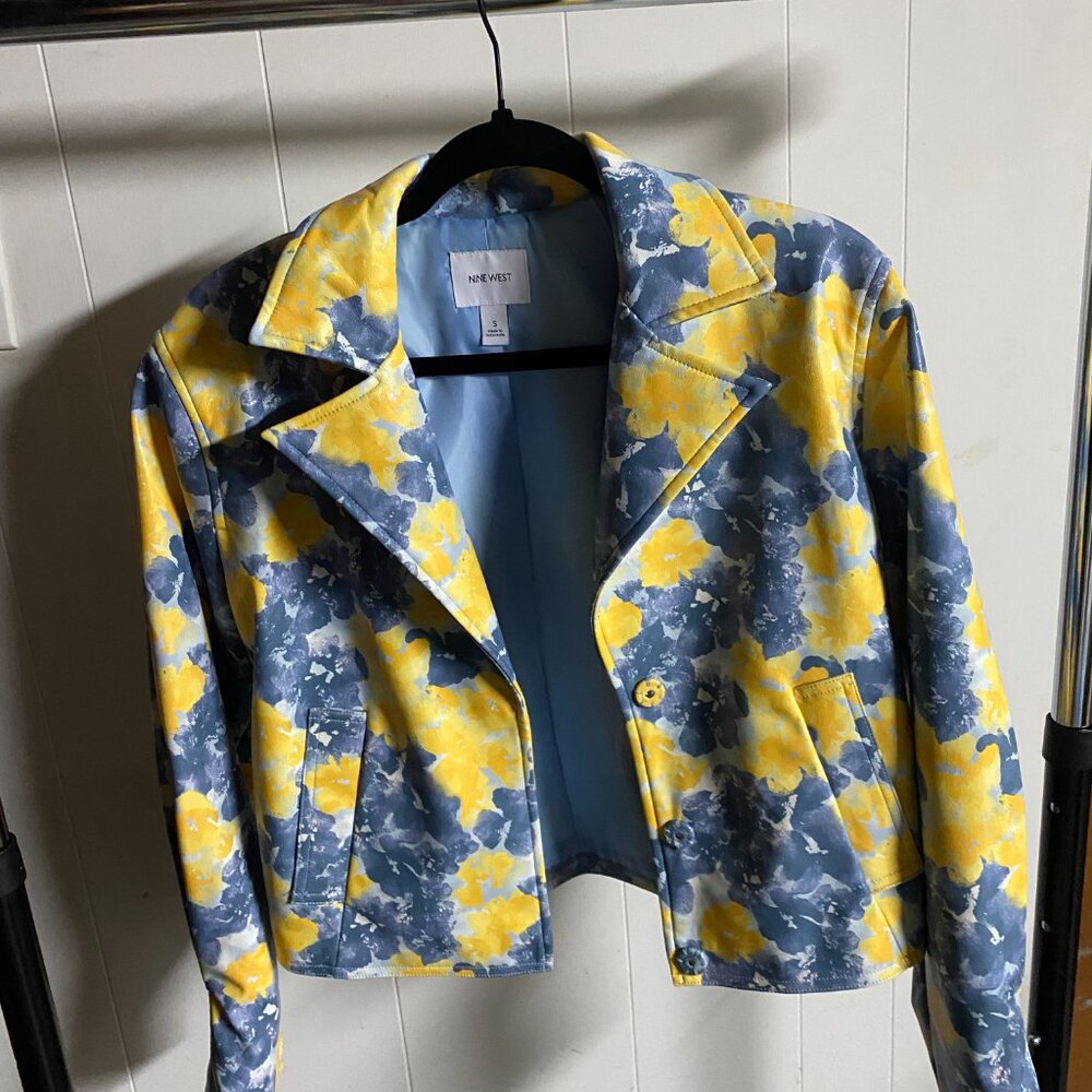 Nine West Womens Blue and Yellow Patterned Leather Jacket
